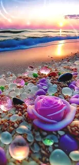 Beach sunset with colorful pebbles and a pink rose.