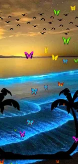 Vibrant beach sunset with glowing waves and colorful butterflies.