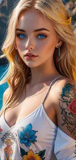 Blonde model with tattoos by the ocean.