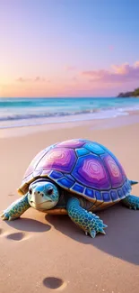 Colorful turtle on a beach at sunset with ocean waves.