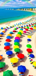 Colorful beach with vibrant umbrellas lined up along the shore.