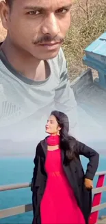 Couple enjoying beach scenery in stylish attire.