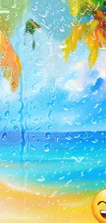 Vibrant beach scene with raindrop effect and a smiling emoji.