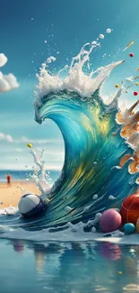 Dynamic turquoise wave with colorful spheres on a beach.