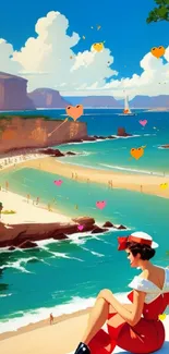 Vintage-inspired seaside illustration with vibrant beach and ocean view.