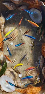 Vibrant underwater scene with fish and shells.