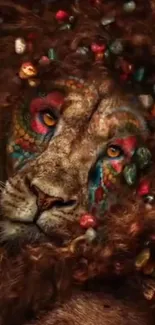 Intricate beaded lion art wallpaper with vivid colors and detailed beadwork.