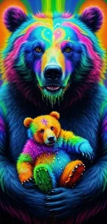 Vibrant and colorful bear art wallpaper with neon and rainbow hues.