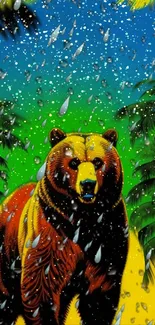 Majestic bear walking in vibrant nature with colorful background design.