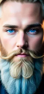 Portrait of a bearded man with blue eyes in vibrant colors.