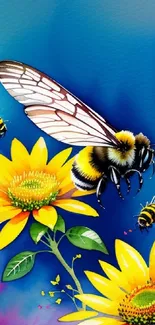 Colorful bee on yellow sunflowers with blue background artwork.