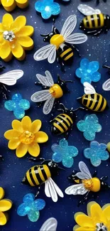 Colorful bees and flowers on dark blue