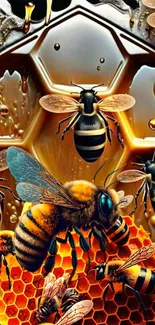 Vibrant bee artwork on honeycomb background.