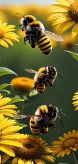 Vibrant wallpaper with bees and sunflowers in yellow hues.