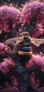 Fantasy bee resting on pink tree with vibrant colors.