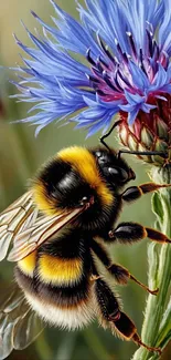 Close-up of a bee on a vibrant blue flower.
