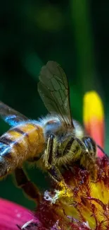 Closeup of bee on a yellow-orange flower, vibrant colors.