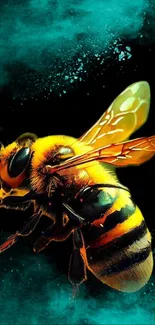 Vibrant bee with teal aura wallpaper, perfect for phone screen.