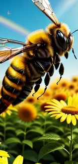 Close-up of a bee on a sunflower with a vibrant background.
