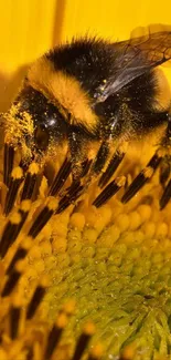 Bumblebee gathering pollen on a sunflower close-up.