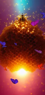 Vibrant orange beehive glowing against purple and teal background.