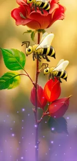 Colorful bees flutter around vibrant red flowers with a magical glow.