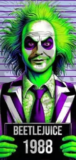 Vibrant Beetlejuice 1988 artwork with neon green and purple hues.