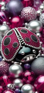 A vibrant bejeweled ladybug among colorful decorative orbs.