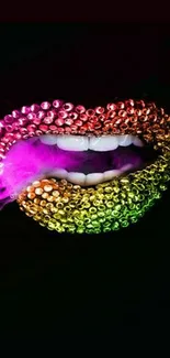 Bejeweled lips with vibrant rainbow colors on a black background.