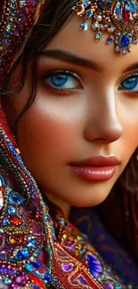Bejeweled portrait with vibrant colors and blue eyes.