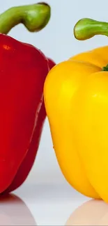 Close-up of red and yellow bell peppers on white background.