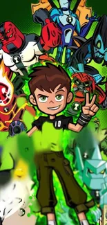 Ben 10 surrounded by various vibrant aliens on a green background.