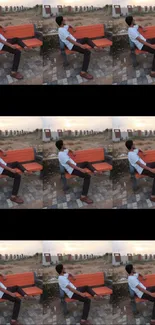 Collage of a person on benches in an outdoor setting.