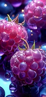 Vibrant raspberries and blueberries with water droplets on blue background.