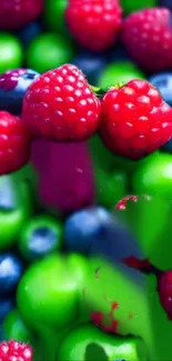 Vibrant wallpaper with raspberries, blueberries, and green apples.