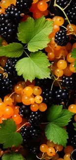 Vibrant wallpaper with blackberries, golden berries, and green leaves.