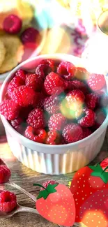 Colorful scene with raspberries, flowers, and cookies.