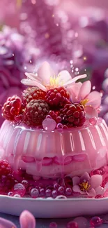 A vibrant dessert with berries and pink flowers.