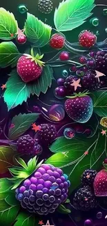 Vibrant berries and leaves in fantasy art wallpaper.