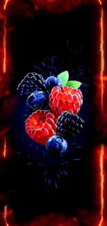 Berry wallpaper with fiery edges and dark background.