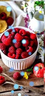 Vibrant wallpaper with raspberries and flowers on a rustic table.