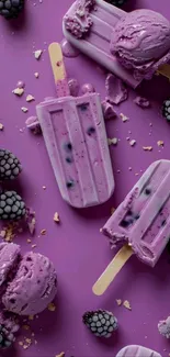 Purple blackberry ice cream and popsicles on a vibrant background.