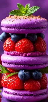 Purple macarons stacked with fresh berries.