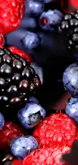 Vibrant berries including raspberries, blackberries, and blueberries arranged closely.