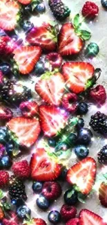 Vibrant berry mix wallpaper with strawberries and blueberries.