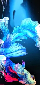 Vibrant Betta fish and jellyfish in a colorful aquatic mobile wallpaper.