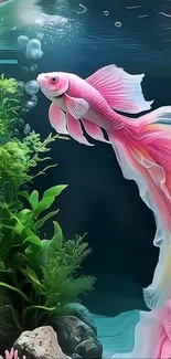 Vibrant Betta fish in an artistic aquatic scene with lush greenery.