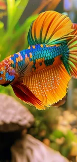 Close-up of a vibrant Betta fish with colorful fins in a tank.