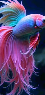 Vibrant pastel-colored betta fish with flowing fins on a dark background.