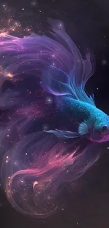 Vibrant digital art of a shimmering betta fish with purple and pink hues.